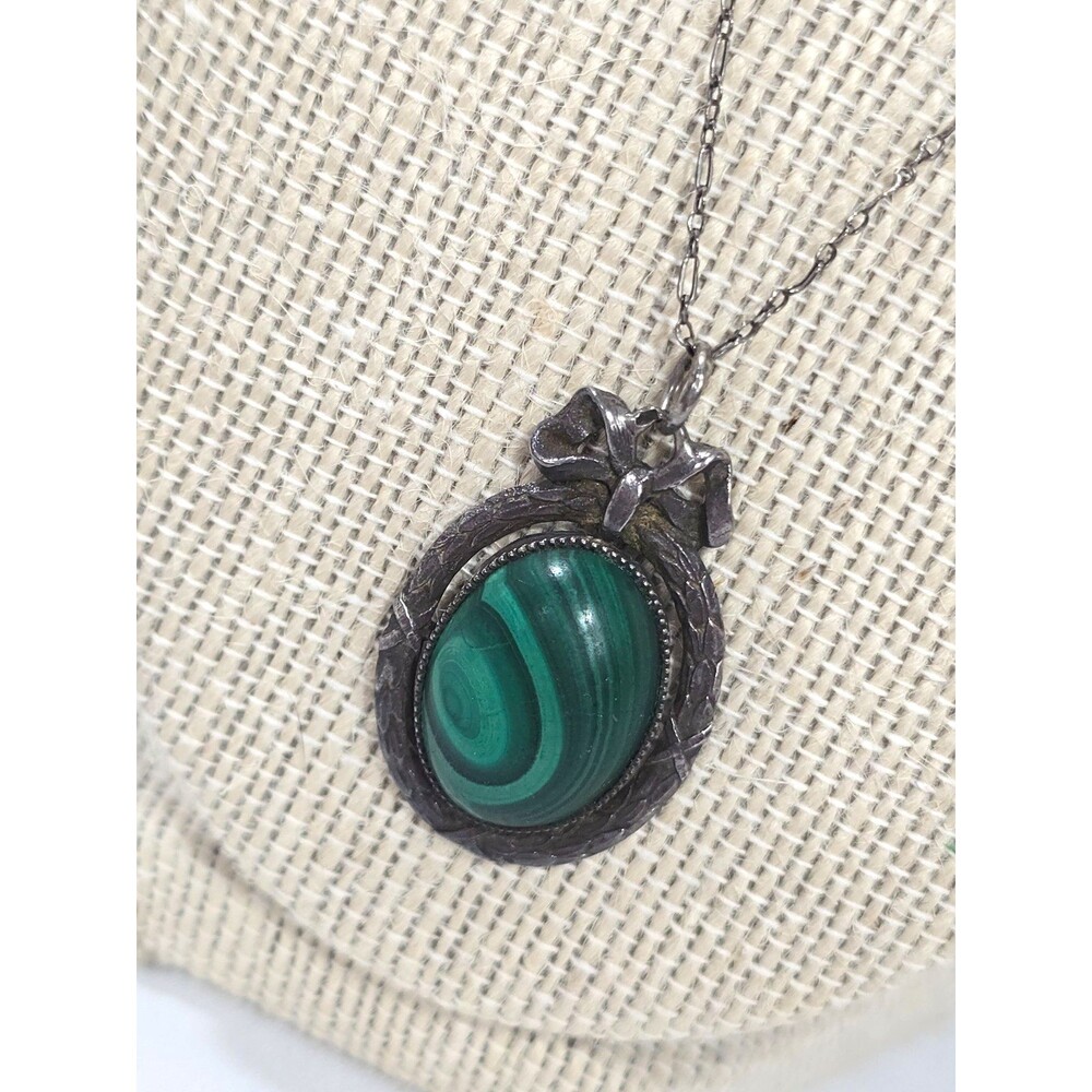 Vintage Sterling Silver Bow Malachite w/ Cable Chain Necklace Art Nouveau Style